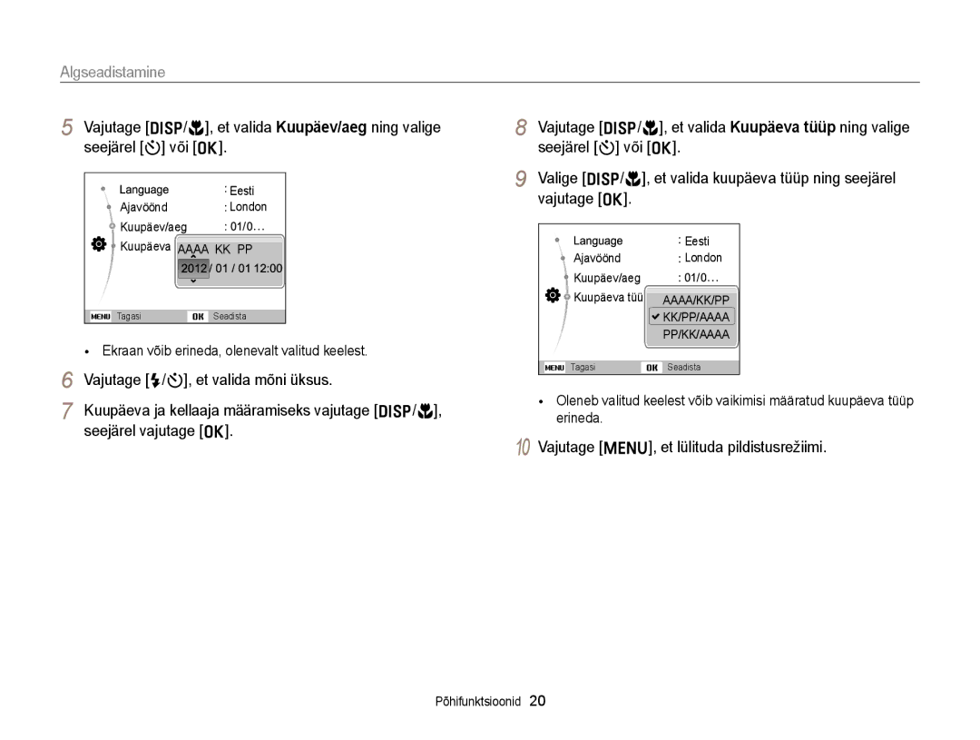 Samsung EC-ST77ZZBPRE2, EC-ST77ZZBPWE2, EC-ST77ZZBPBE2 manual Algseadistamine, Vajutage m, et lülituda pildistusrežiimi 