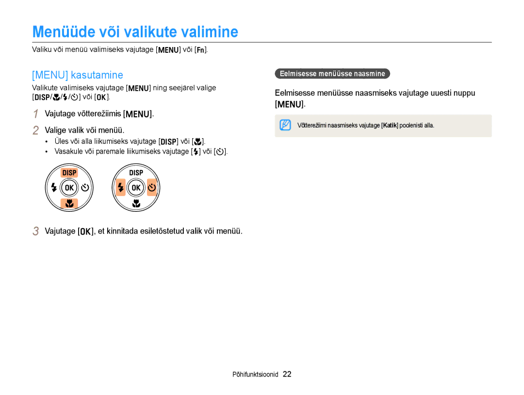 Samsung EC-ST77ZZFPWE2, EC-ST77ZZBPWE2 manual Menüüde või valikute valimine, Menu kasutamine, Valige valik või menüü 