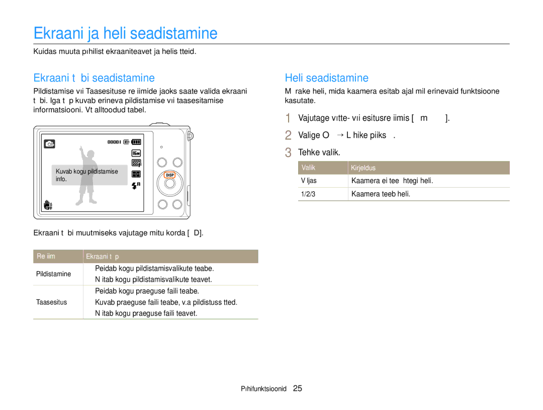 Samsung EC-ST77ZZFPLE2, EC-ST77ZZBPWE2 manual Ekraani ja heli seadistamine, Ekraani tüübi seadistamine, Heli seadistamine 