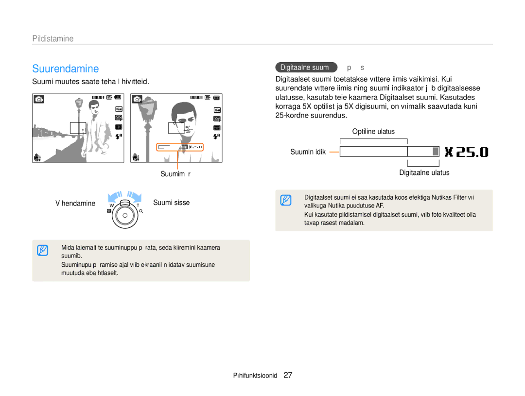 Samsung EC-ST77ZZFPBE2 manual Suurendamine, Pildistamine, Suumi muutes saate teha lähivõtteid Suumimäär Vähendamine 