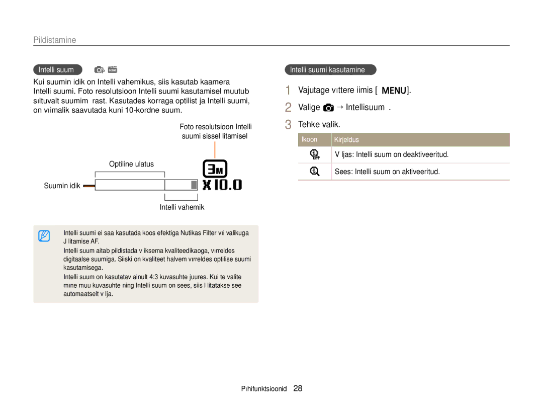 Samsung EC-ST77ZZBPLE2 manual Vajutage võtterežiimis m, Valige a “ Intellisuum, Intelli suum p s, Intelli suumi kasutamine 