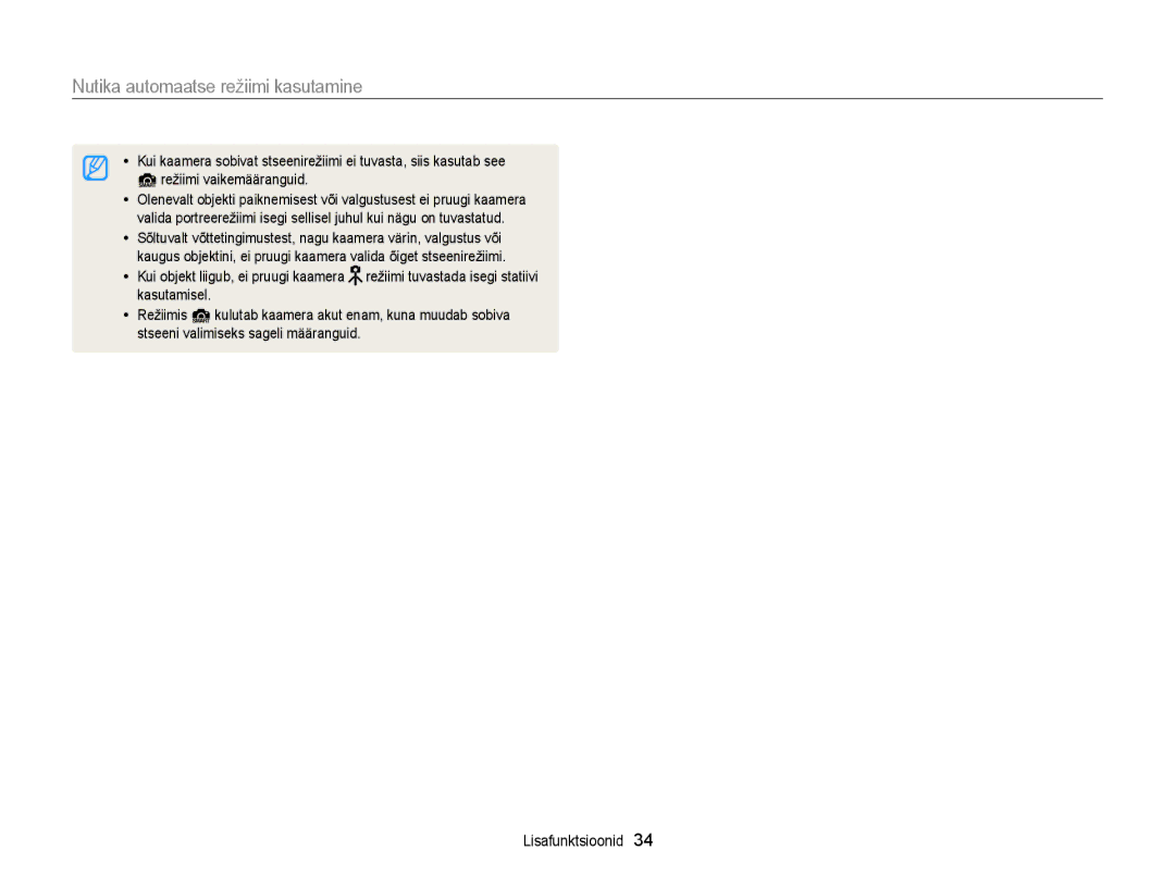 Samsung EC-ST77ZZBPSE2, EC-ST77ZZBPWE2, EC-ST77ZZBPRE2, EC-ST77ZZBPBE2, EC-ST77ZZFPWE2 Nutika automaatse režiimi kasutamine 