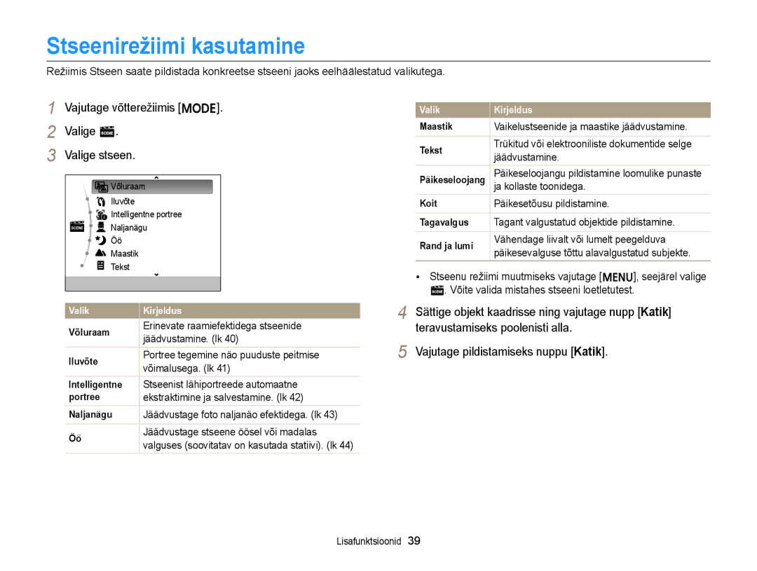 Samsung EC-ST77ZZBPWE2, EC-ST77ZZBPRE2 manual Stseenirežiimi kasutamine, Vajutage võtterežiimis M Valige s Valige stseen 