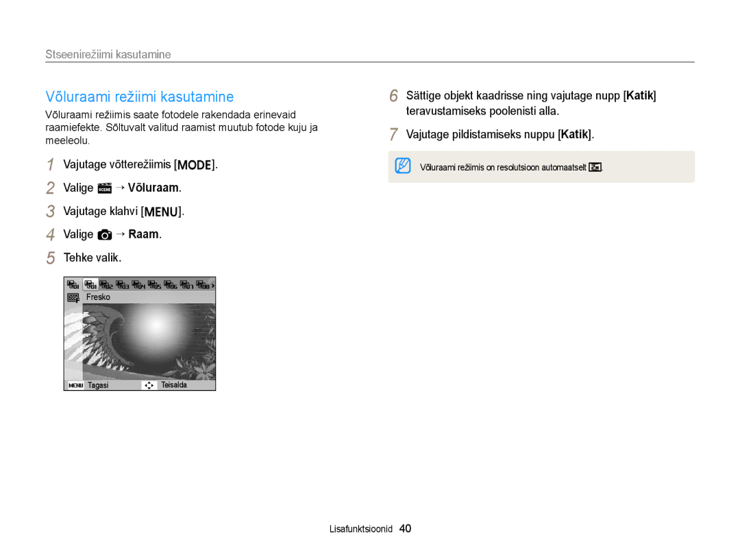 Samsung EC-ST77ZZBPRE2, EC-ST77ZZBPWE2, EC-ST77ZZBPBE2 manual Võluraami režiimi kasutamine, Stseenirežiimi kasutamine 