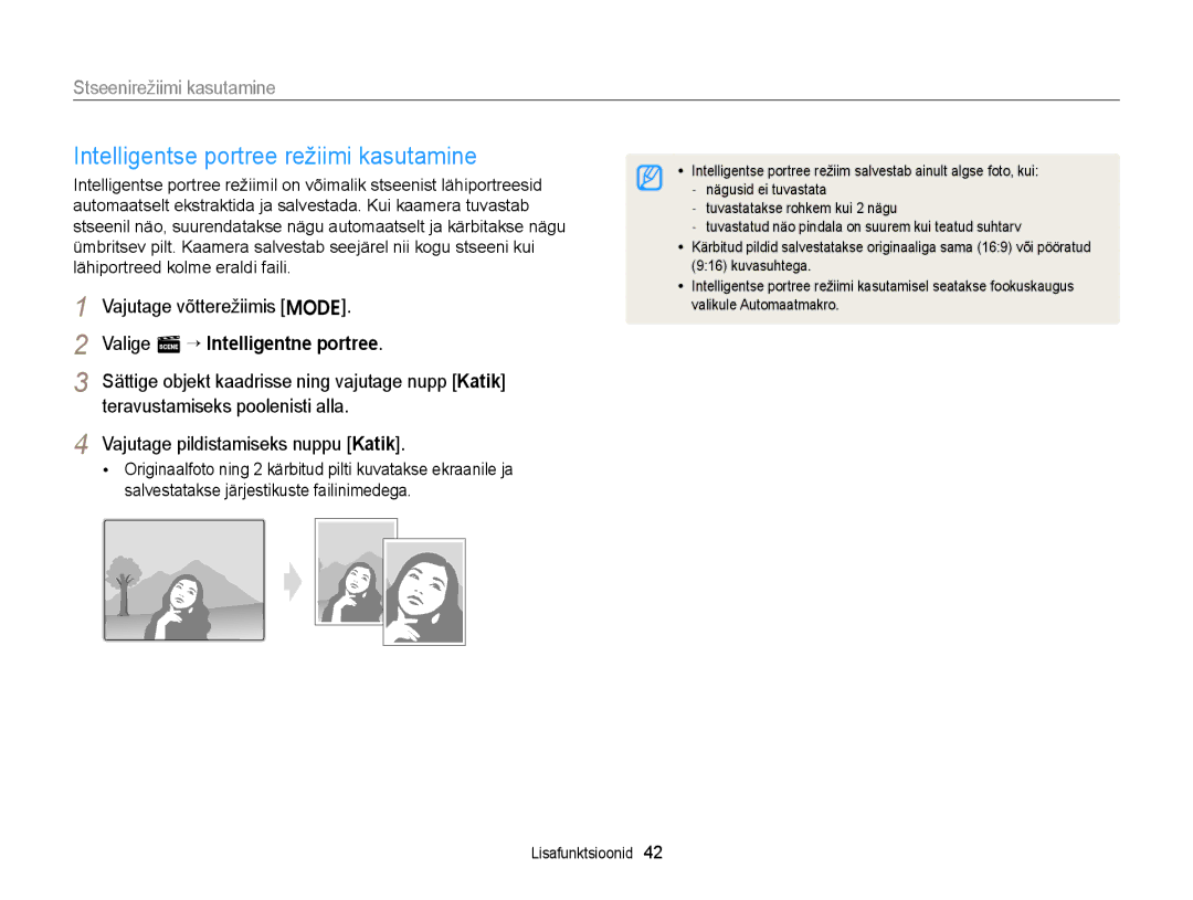 Samsung EC-ST77ZZFPWE2, EC-ST77ZZBPWE2 manual Intelligentse portree režiimi kasutamine, Valige s “ Intelligentne portree 