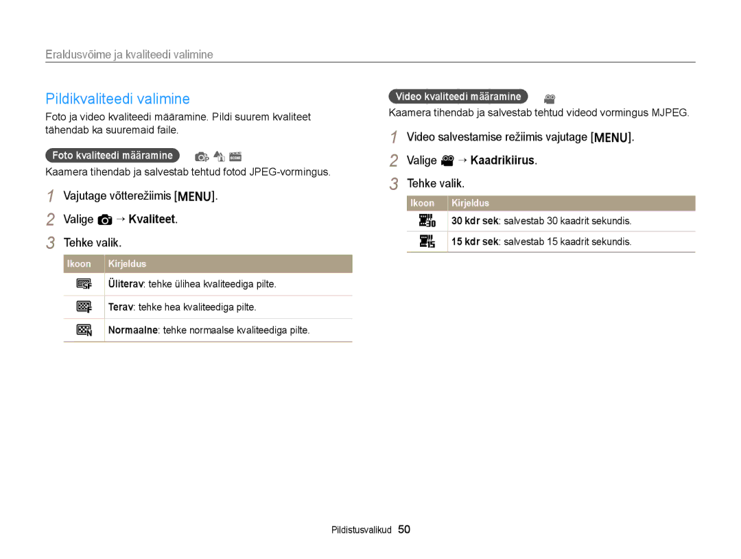 Samsung EC-ST77ZZBPRE2, EC-ST77ZZBPWE2, EC-ST77ZZBPBE2 manual Pildikvaliteedi valimine, Eraldusvõime ja kvaliteedi valimine 