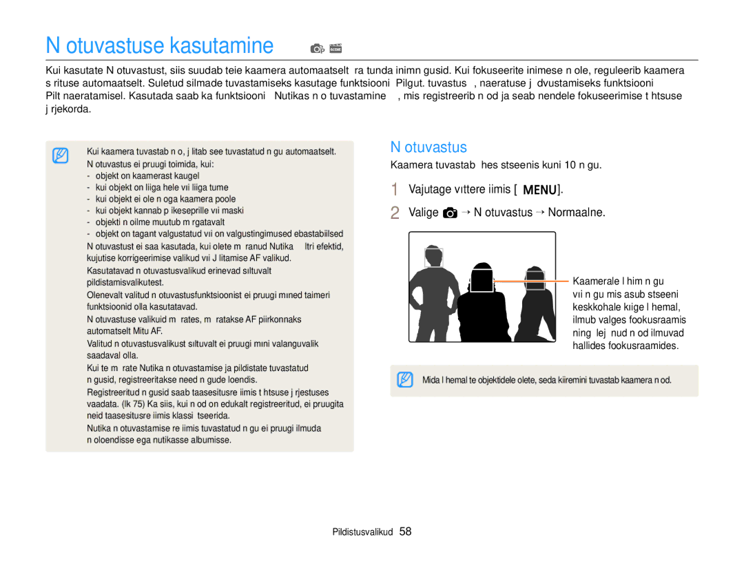 Samsung EC-ST77ZZBPLE2, EC-ST77ZZBPWE2, EC-ST77ZZBPRE2 manual Näotuvastuse kasutamine p s, Valige a “ Näotuvastus “ Normaalne 