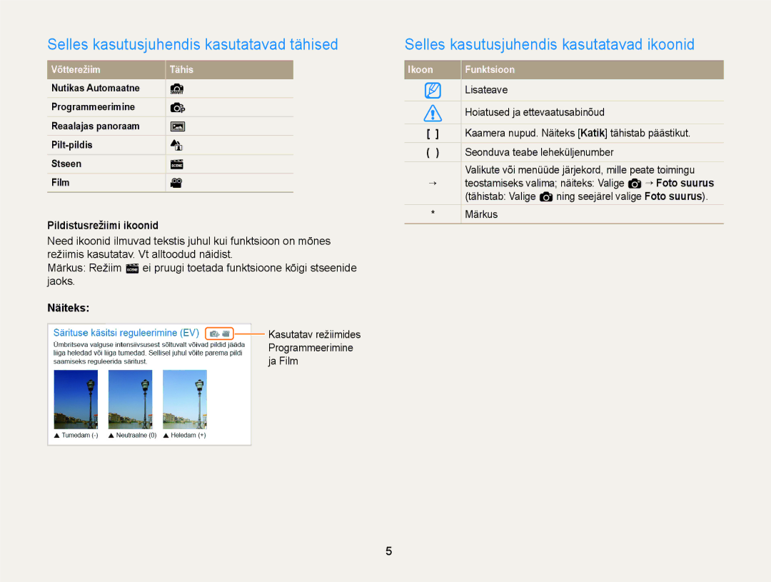 Samsung EC-ST77ZZFPLE2 manual Selles kasutusjuhendis kasutatavad tähised, Selles kasutusjuhendis kasutatavad ikoonid 