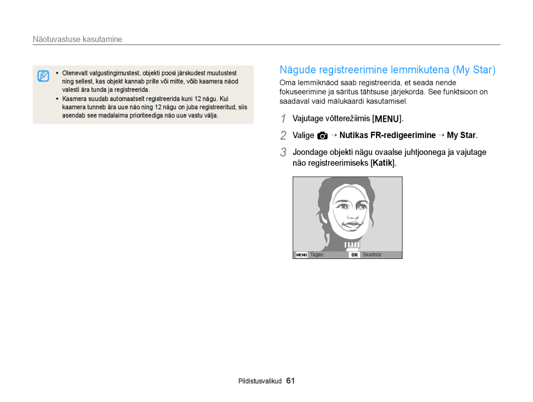 Samsung EC-ST77ZZBPBE2 manual Nägude registreerimine lemmikutena My Star, Valige a “ Nutikas FR-redigeerimine “ My Star 