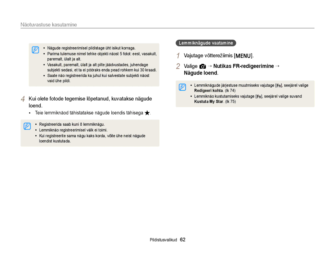 Samsung EC-ST77ZZFPWE2, EC-ST77ZZBPWE2 Kui olete fotode tegemise lõpetanud, kuvatakse nägude loend, Lemmiknägude vaatamine 