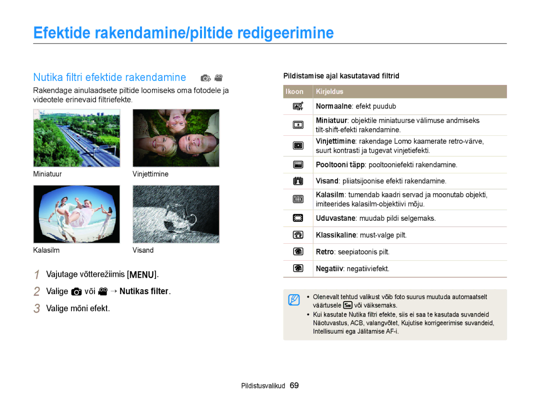 Samsung EC-ST77ZZBPWE2 Efektide rakendamine/piltide redigeerimine, Nutika ﬁltri efektide rakendamine p, Valige mõni efekt 