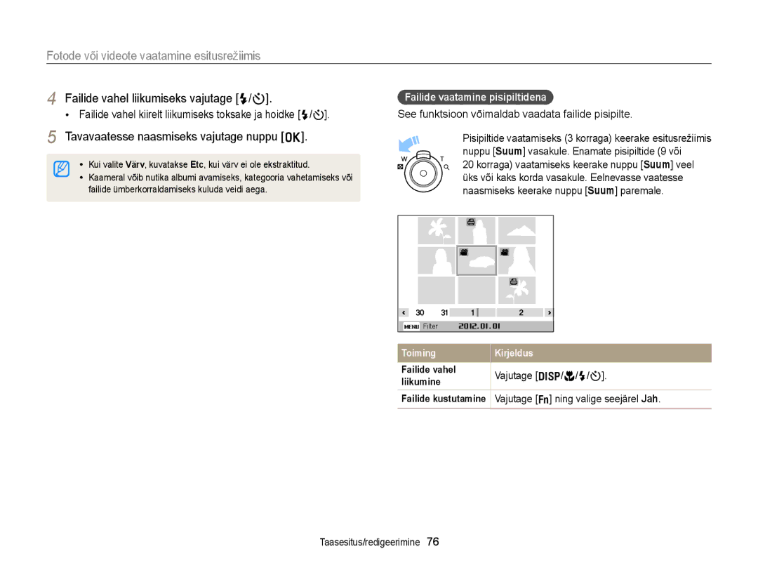 Samsung EC-ST77ZZFPSE2 manual Tavavaatesse naasmiseks vajutage nuppu o, Failide vaatamine pisipiltidena, Vajutage D/c/F/t 