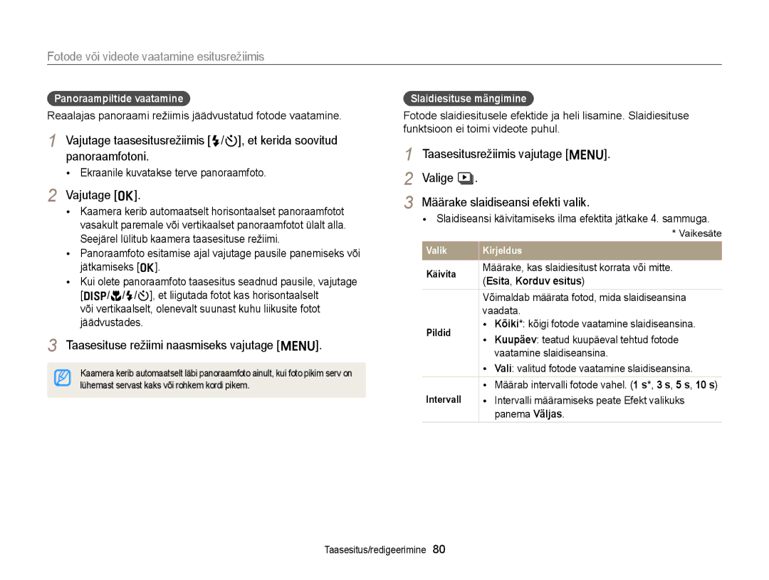 Samsung EC-ST77ZZBPRE2, EC-ST77ZZBPWE2 Vajutage o, Taasesituse režiimi naasmiseks vajutage m, Panoraampiltide vaatamine 