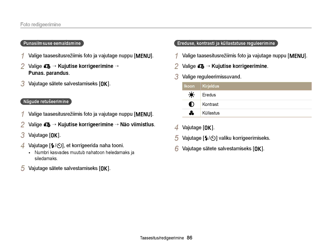 Samsung EC-ST77ZZFPSE2, EC-ST77ZZBPWE2, EC-ST77ZZBPRE2 manual Punas. parandus, Punasilmsuse eemaldamine, Nägude retušeerimine 