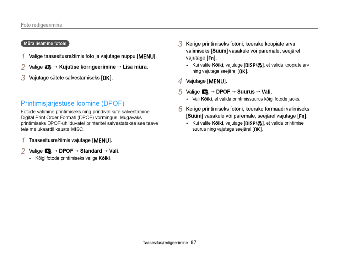 Samsung EC-ST77ZZFPBE2, EC-ST77ZZBPWE2 Printimisjärjestuse loomine Dpof, Valige e “ Kujutise korrigeerimine “ Lisa müra 