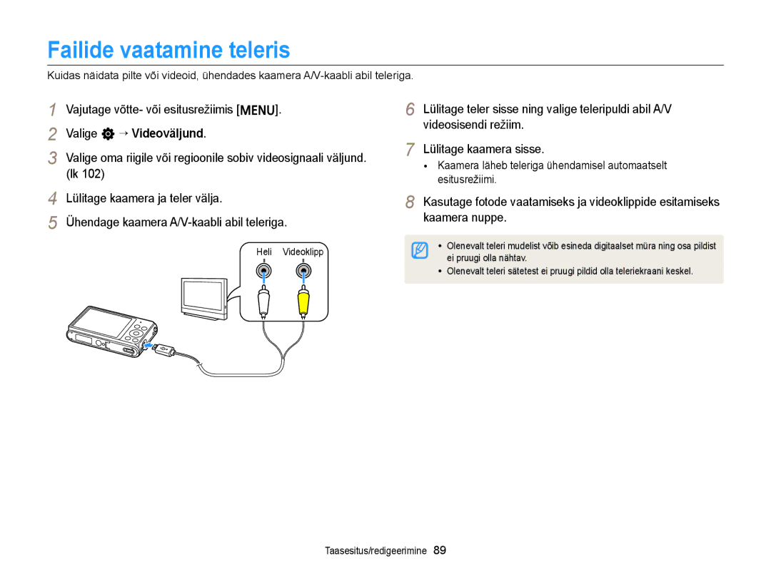 Samsung EC-ST77ZZBPWE2, EC-ST77ZZBPRE2 Failide vaatamine teleris, Valige n “ Videoväljund, Lülitage kaamera ja teler välja 