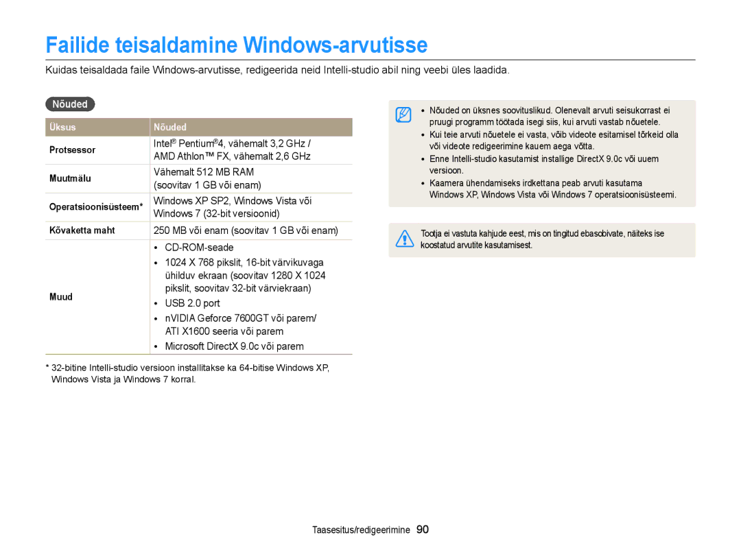 Samsung EC-ST77ZZBPRE2, EC-ST77ZZBPWE2, EC-ST77ZZBPBE2, EC-ST77ZZFPWE2 manual Failide teisaldamine Windows-arvutisse, Nõuded 