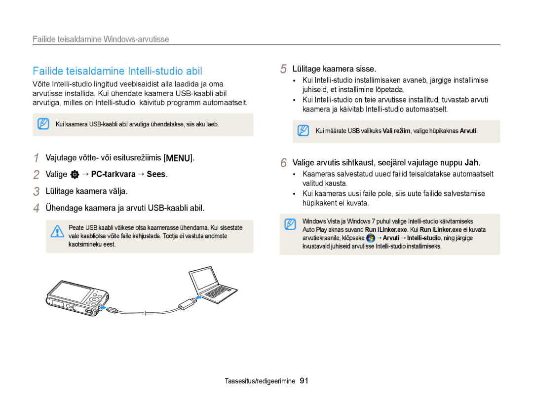 Samsung EC-ST77ZZBPBE2, EC-ST77ZZBPWE2 Failide teisaldamine Intelli-studio abil, Failide teisaldamine Windows-arvutisse 