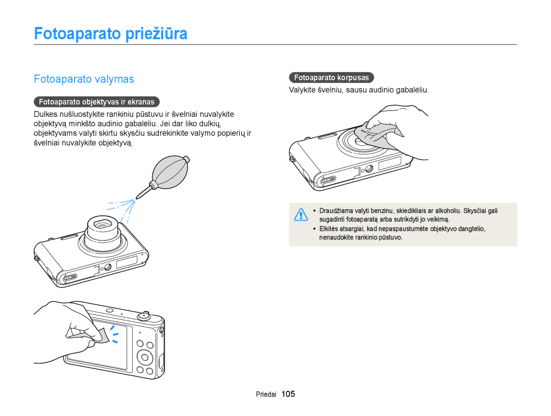 Samsung EC-ST77ZZFPLE2 Fotoaparato priežiūra, Fotoaparato valymas, Fotoaparato objektyvas ir ekranas, Fotoaparato korpusas 