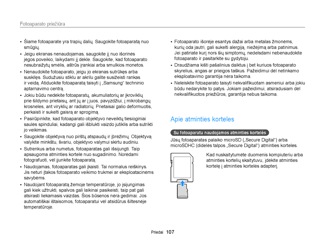 Samsung EC-ST77ZZFPBE2, EC-ST77ZZBPWE2 manual Apie atminties korteles, Su fotoaparatu naudojamos atminties kortelės 