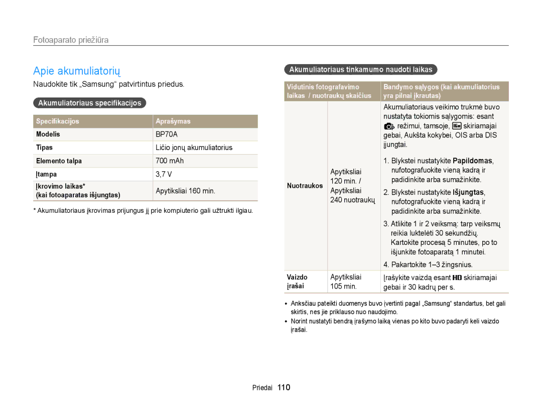 Samsung EC-ST77ZZBPRE2 manual Apie akumuliatorių, Akumuliatoriaus speciﬁkacijos, Akumuliatoriaus tinkamumo naudoti laikas 