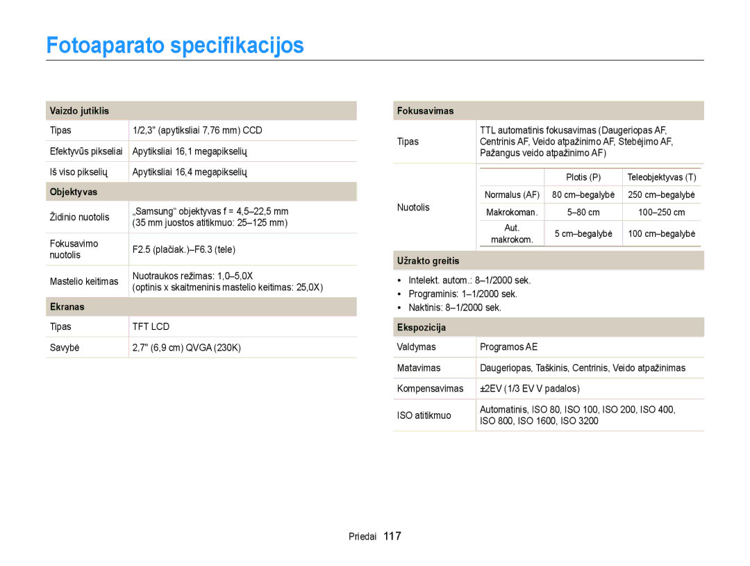 Samsung EC-ST77ZZFPBE2, EC-ST77ZZBPWE2, EC-ST77ZZBPRE2, EC-ST77ZZBPBE2 manual Fotoaparato speciﬁkacijos, Vaizdo jutiklis 