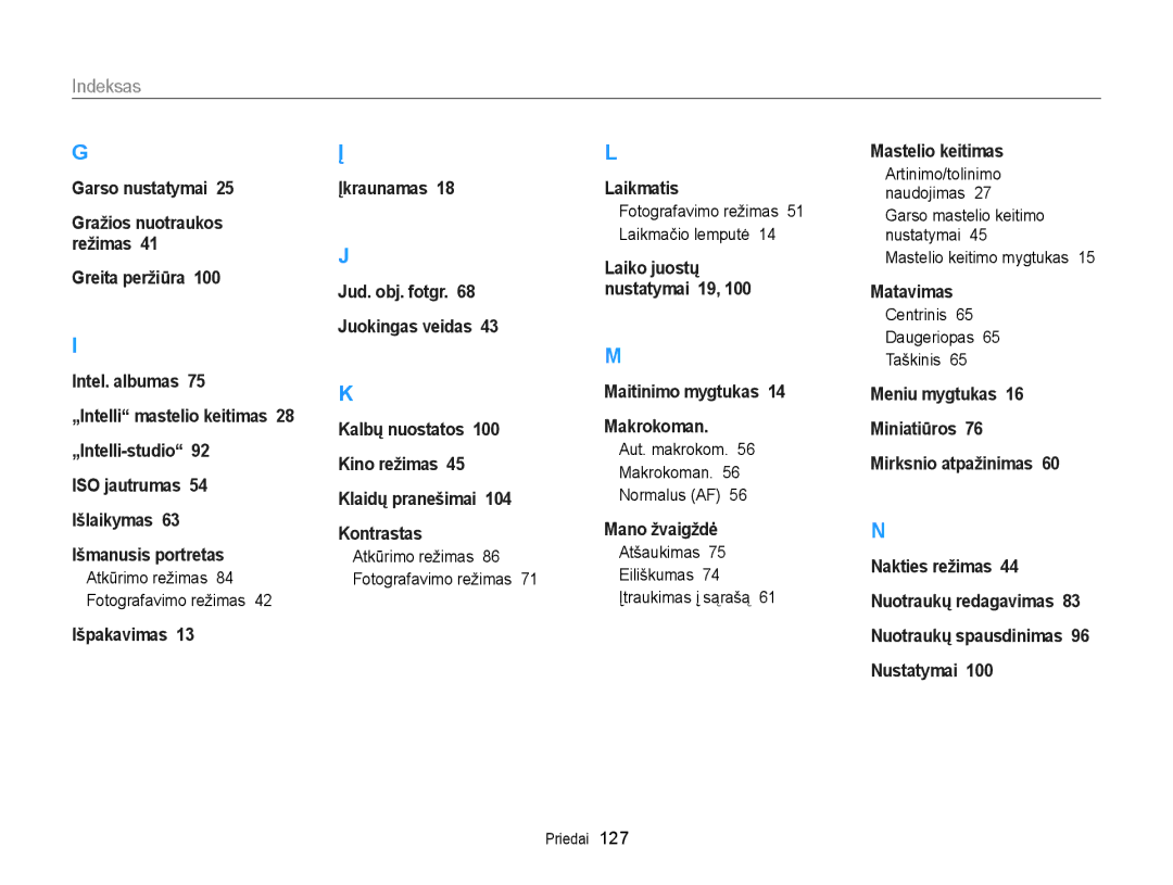 Samsung EC-ST77ZZFPBE2 manual Indeksas, Aut. makrokom Makrokoman Normalus AF, Atšaukimas Eiliškumas Įtraukimas į sąrašą 