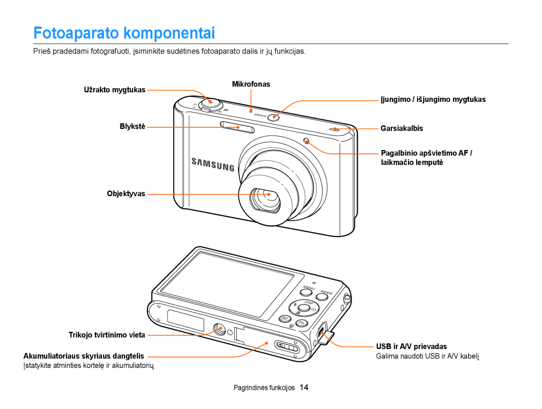 Samsung EC-ST77ZZBPSE2, EC-ST77ZZBPWE2 manual Fotoaparato komponentai, Įstatykite atminties kortelę ir akumuliatorių 