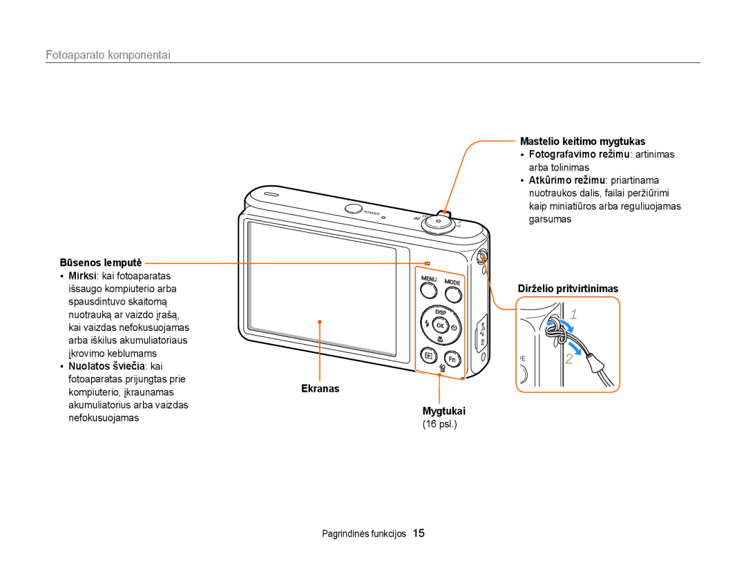 Samsung EC-ST77ZZFPLE2, EC-ST77ZZBPWE2 manual Fotoaparato komponentai, Būsenos lemputė, Nuolatos šviečia kai, Mygtukai 