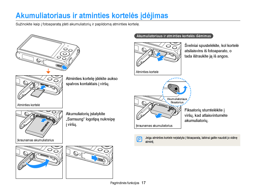 Samsung EC-ST77ZZFPBE2 Akumuliatoriaus ir atminties kortelės įdėjimas, Spalvos kontaktais į viršų, Viršų, Akumuliatorių 