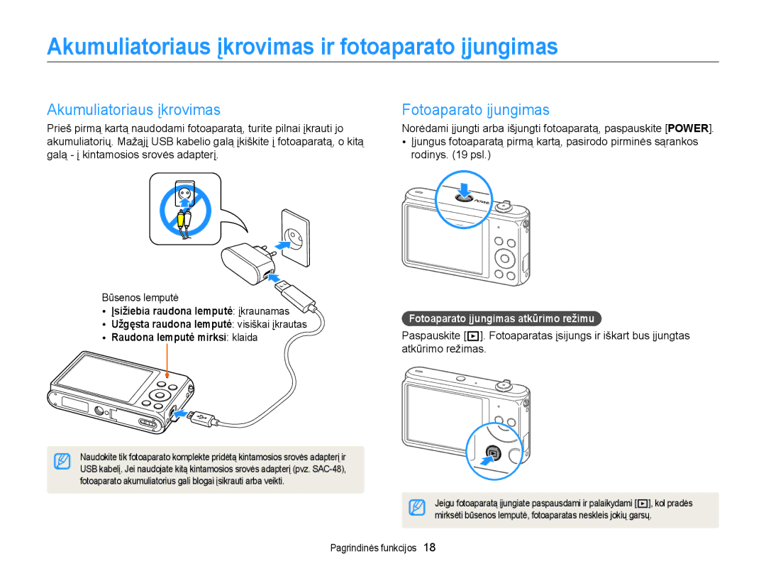 Samsung EC-ST77ZZBPLE2, EC-ST77ZZBPWE2 manual Akumuliatoriaus įkrovimas ir fotoaparato įjungimas, Fotoaparato įjungimas 