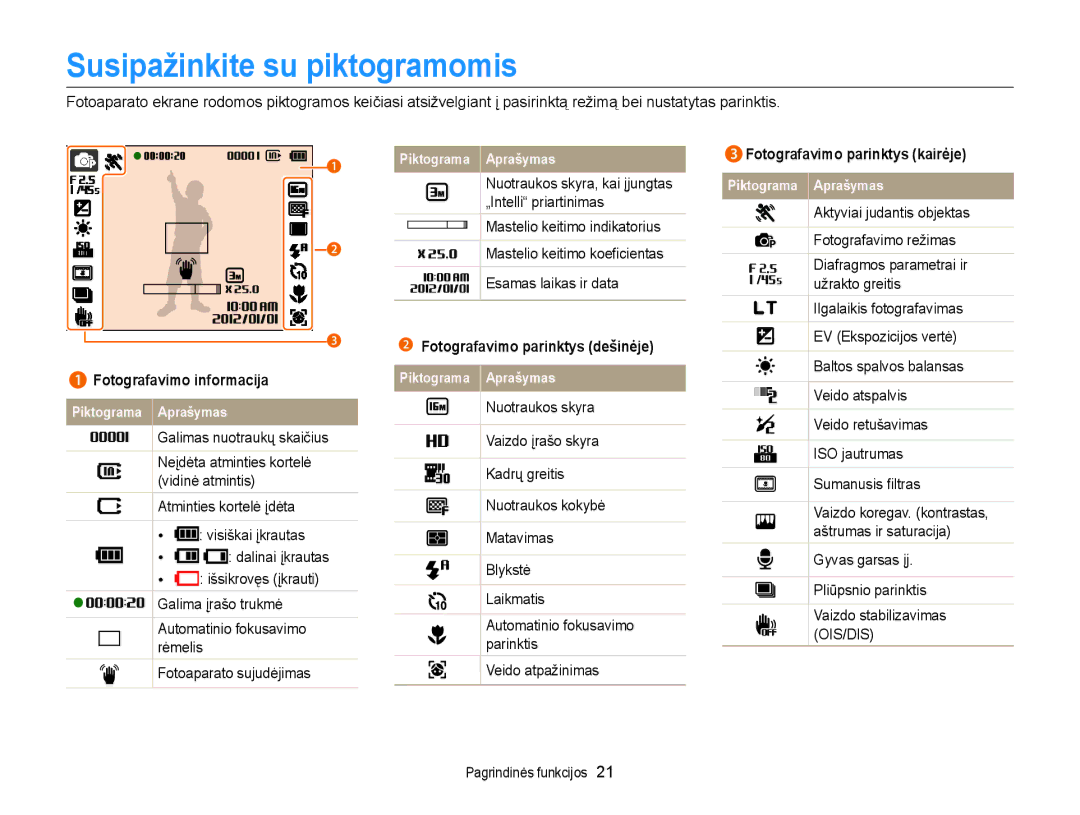 Samsung EC-ST77ZZBPBE2 manual Susipažinkite su piktogramomis, Nuotraukos skyra, kai įjungtas, Fotografavimo informacija 