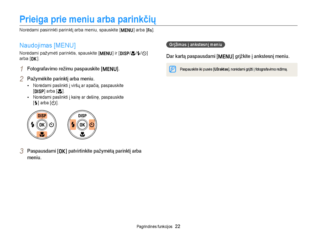 Samsung EC-ST77ZZFPWE2, EC-ST77ZZBPWE2 manual Prieiga prie meniu arba parinkčių, Naudojimas Menu, Grįžimas į ankstesnį meniu 