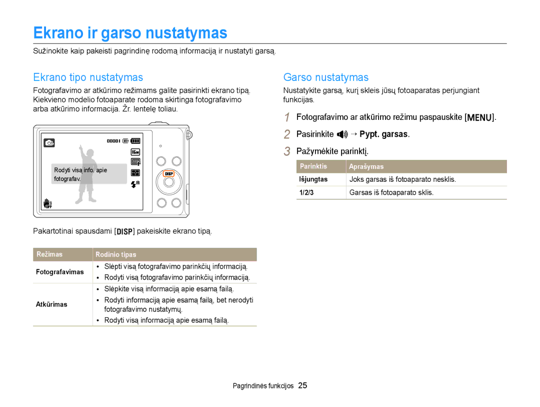 Samsung EC-ST77ZZFPLE2 Ekrano ir garso nustatymas, Ekrano tipo nustatymas, Garso nustatymas, Garsas iš fotoaparato sklis 