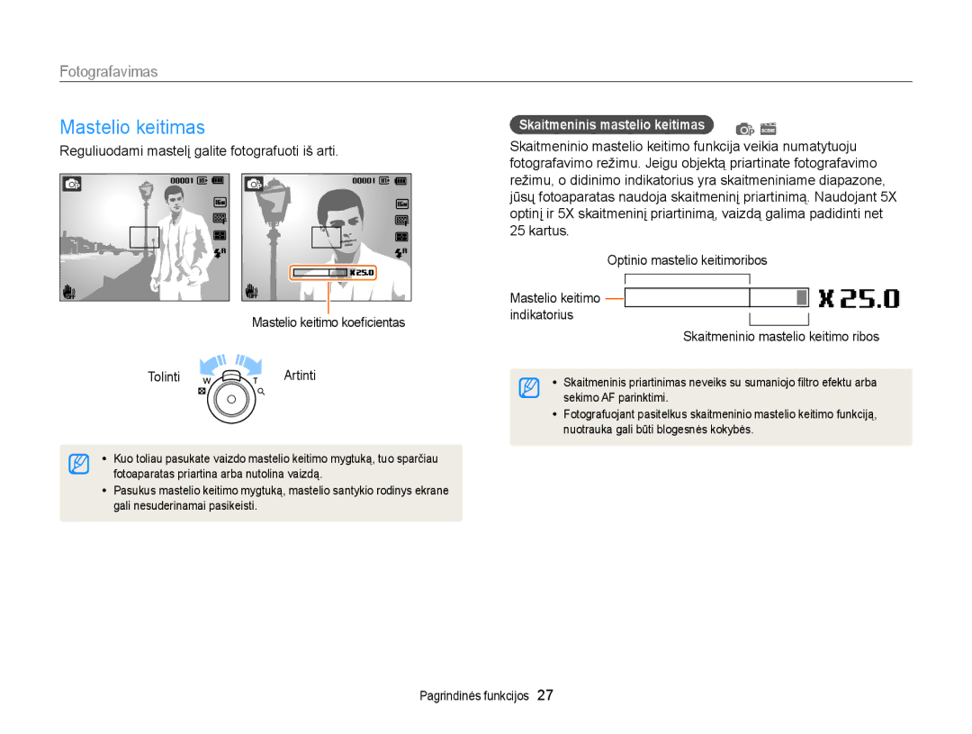 Samsung EC-ST77ZZFPBE2, EC-ST77ZZBPWE2, EC-ST77ZZBPRE2, EC-ST77ZZBPBE2, EC-ST77ZZFPWE2 manual Mastelio keitimas, Fotografavimas 