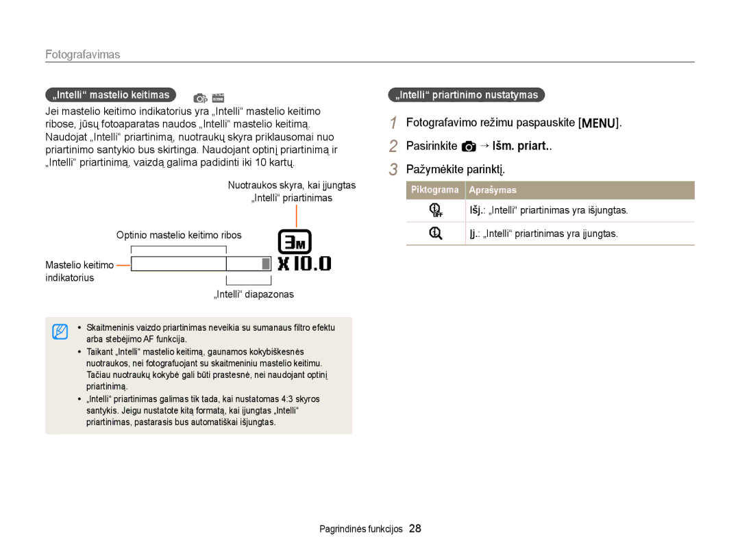 Samsung EC-ST77ZZBPLE2, EC-ST77ZZBPWE2, EC-ST77ZZBPRE2, EC-ST77ZZBPBE2 manual „Intelli diapazonas, „Intelli mastelio keitimas 