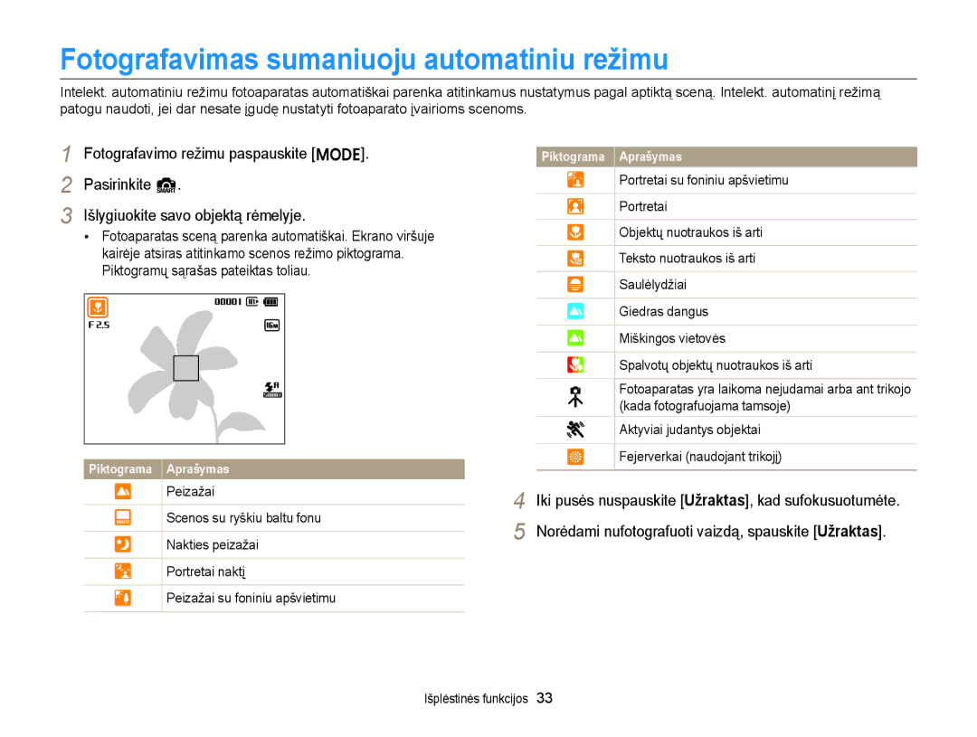 Samsung EC-ST77ZZFPRE2, EC-ST77ZZBPWE2, EC-ST77ZZBPRE2, EC-ST77ZZBPBE2 manual Fotografavimas sumaniuoju automatiniu režimu 