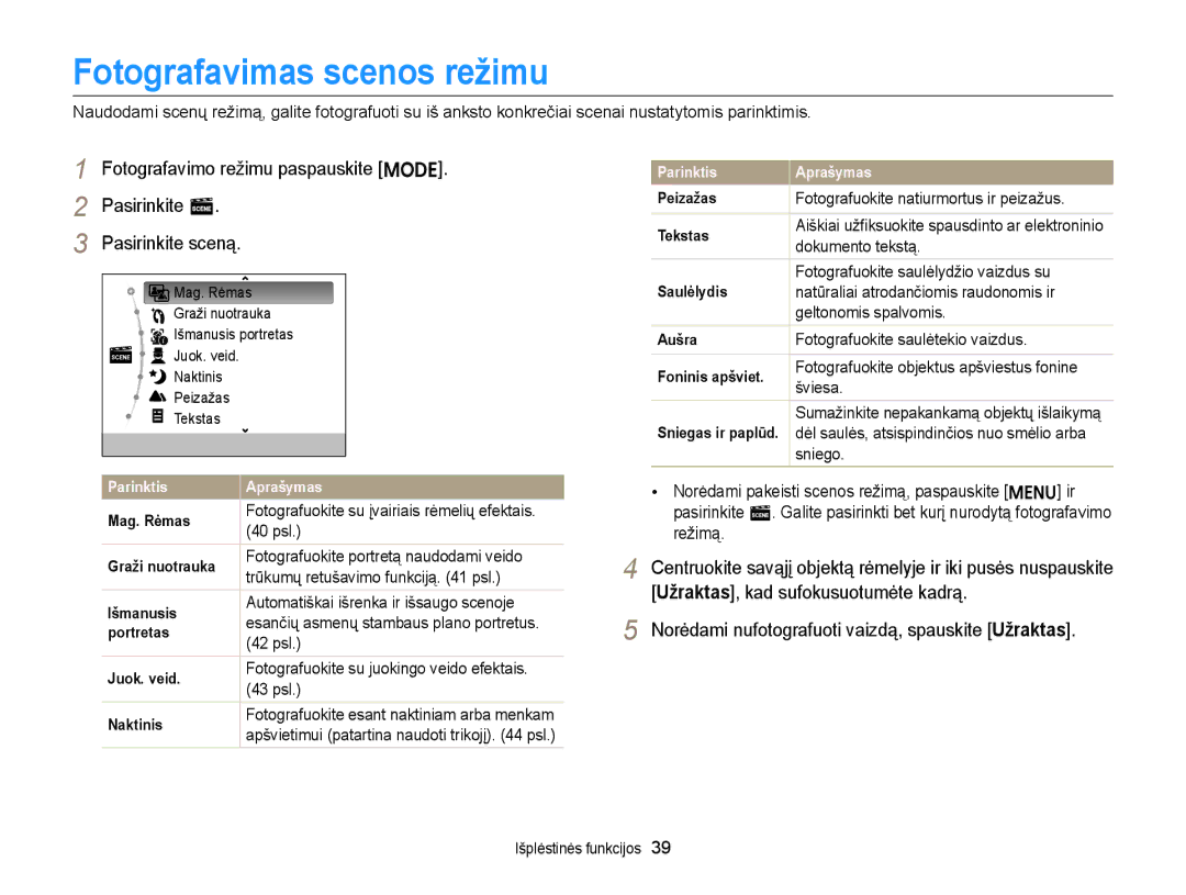 Samsung EC-ST77ZZBPWE2, EC-ST77ZZBPRE2, EC-ST77ZZBPBE2, EC-ST77ZZFPWE2, EC-ST77ZZFPRE2 manual Fotografavimas scenos režimu 