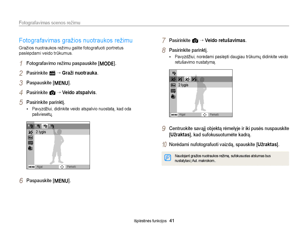 Samsung EC-ST77ZZBPBE2, EC-ST77ZZBPWE2 manual Fotografavimas gražios nuotraukos režimu, Pasirinkite a “ Veido retušavimas 