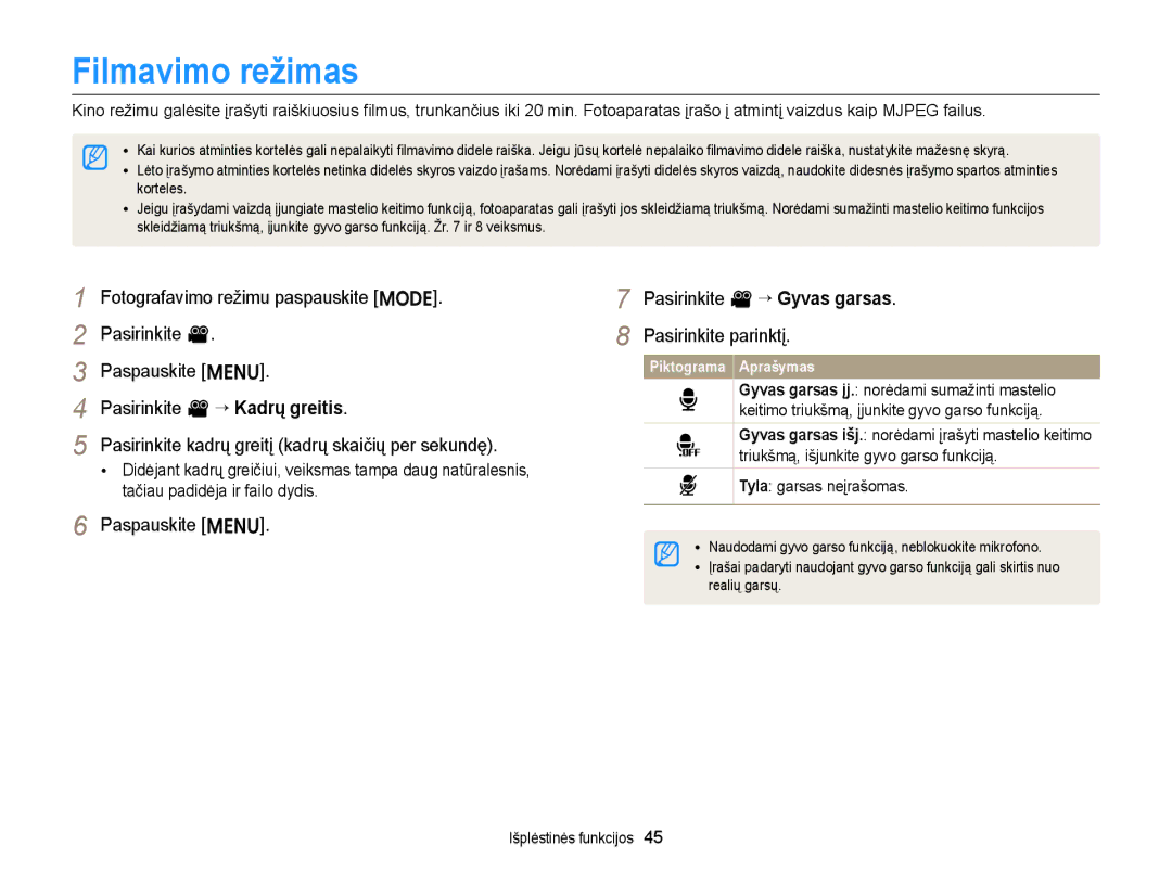 Samsung EC-ST77ZZFPLE2, EC-ST77ZZBPWE2, EC-ST77ZZBPRE2, EC-ST77ZZBPBE2 Filmavimo režimas, Pasirinkite v “ Kadrų greitis 