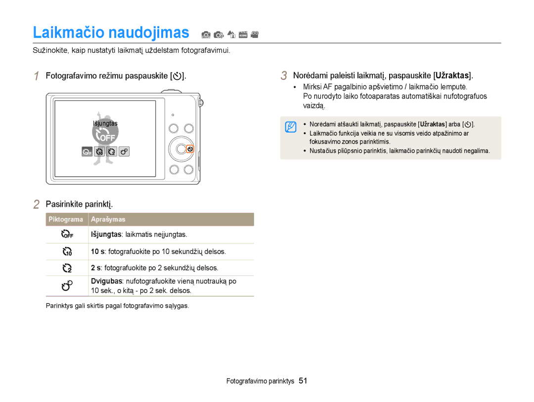 Samsung EC-ST77ZZBPBE2, EC-ST77ZZBPWE2, EC-ST77ZZBPRE2 Laikmačio naudojimas S p d s, Fotografavimo režimu paspauskite t 