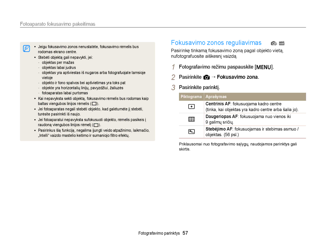 Samsung EC-ST77ZZFPBE2, EC-ST77ZZBPWE2, EC-ST77ZZBPRE2, EC-ST77ZZBPBE2, EC-ST77ZZFPWE2 manual Fokusavimo zonos reguliavimas p s 