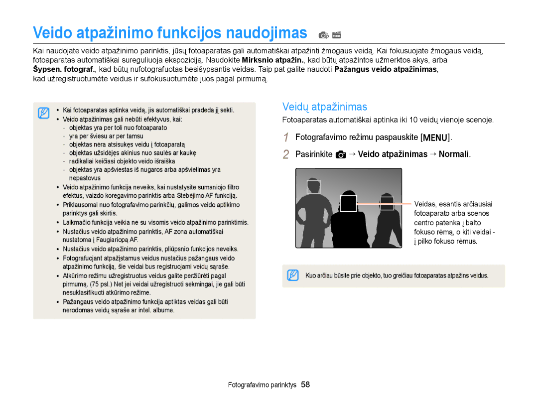 Samsung EC-ST77ZZBPLE2, EC-ST77ZZBPWE2, EC-ST77ZZBPRE2 manual Veido atpažinimo funkcijos naudojimas p s, Veidų atpažinimas 