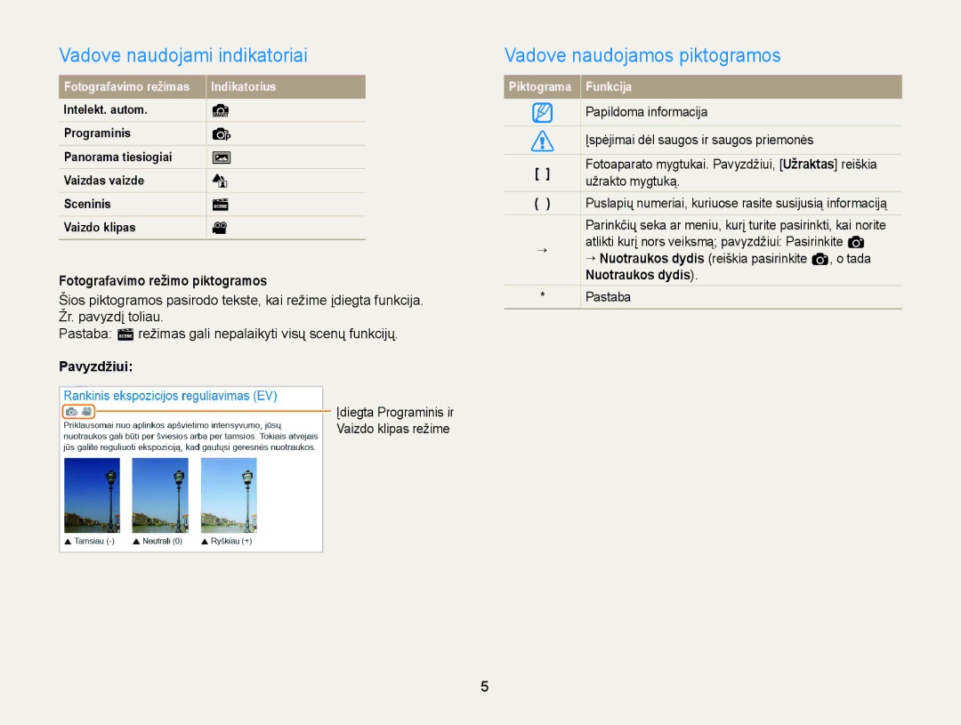 Samsung EC-ST77ZZFPLE2 Vadove naudojami indikatoriai, Vadove naudojamos piktogramos, Fotografavimo režimo piktogramos 