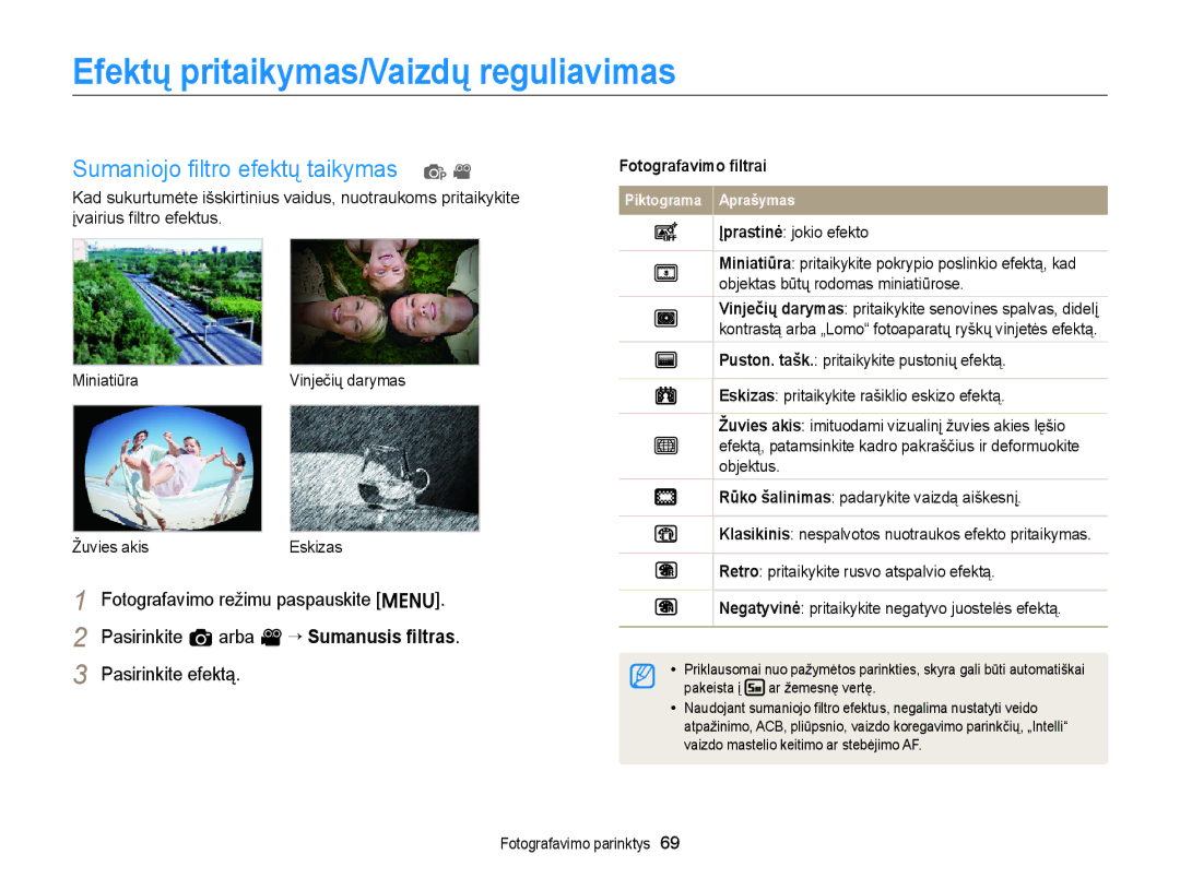 Samsung EC-ST77ZZBPWE2 Efektų pritaikymas/Vaizdų reguliavimas, Sumaniojo ﬁltro efektų taikymas p, Fotografavimo ﬁltrai 