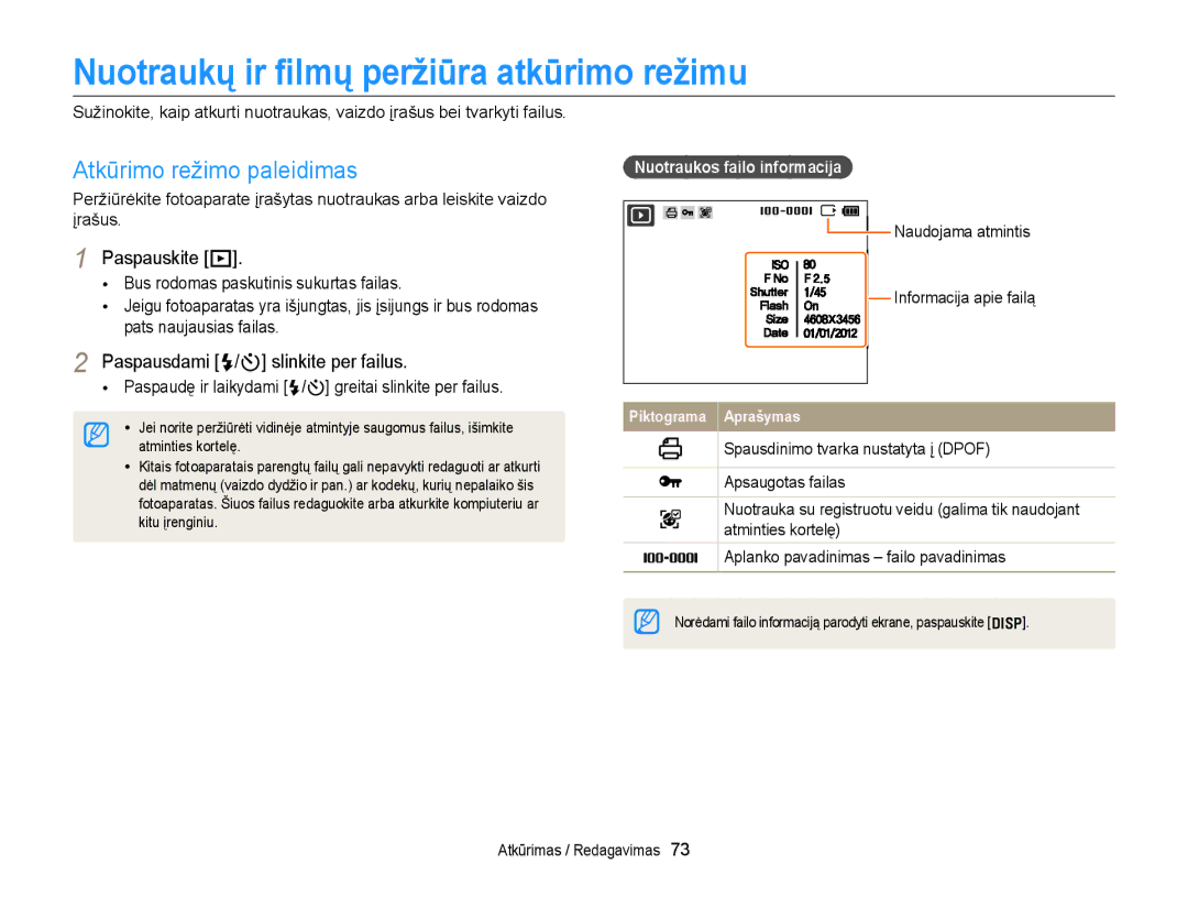 Samsung EC-ST77ZZFPRE2 manual Nuotraukų ir ﬁlmų peržiūra atkūrimo režimu, Atkūrimo režimo paleidimas, Paspauskite P 