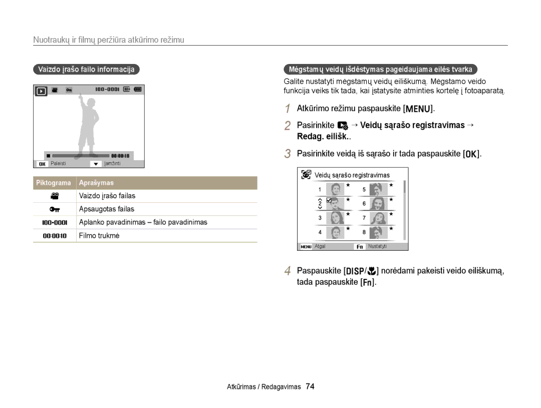 Samsung EC-ST77ZZBPSE2 manual Nuotraukų ir ﬁlmų peržiūra atkūrimo režimu, Atkūrimo režimu paspauskite m, Redag. eilišk 