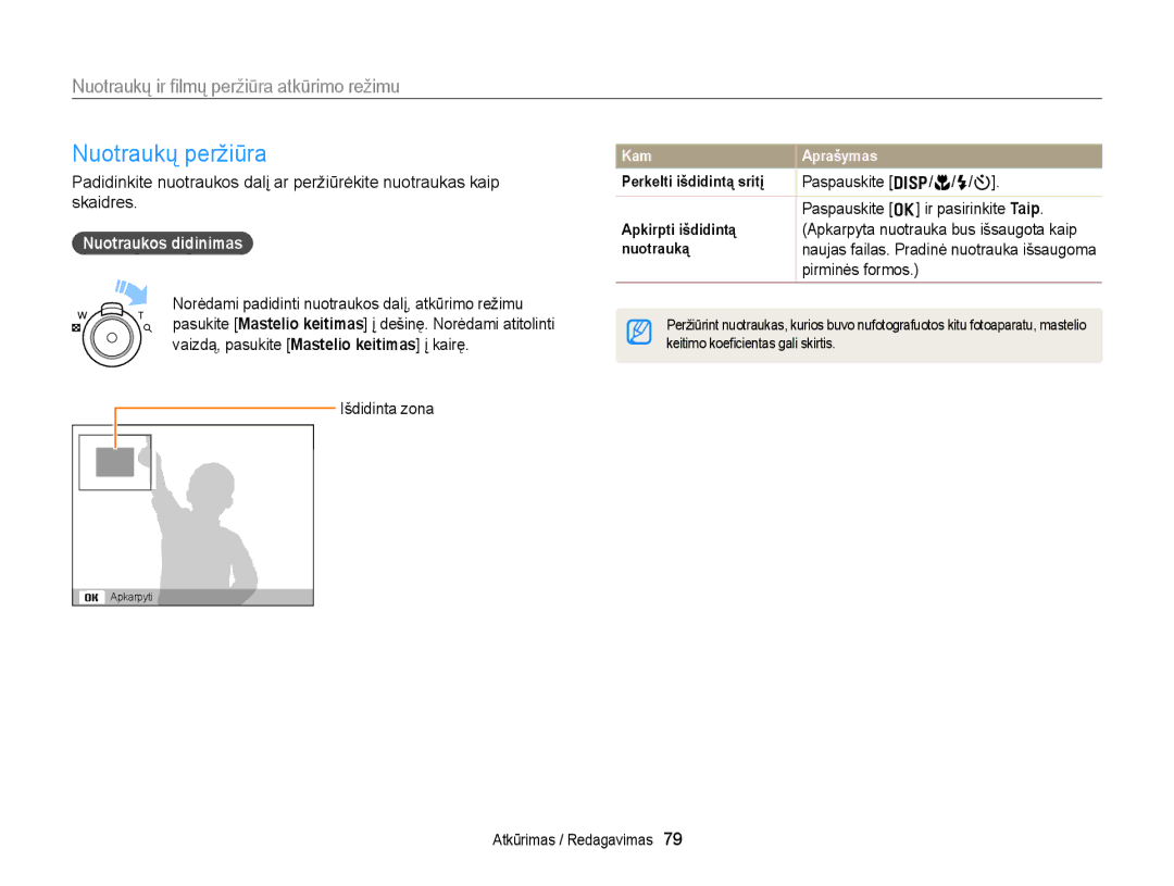 Samsung EC-ST77ZZBPWE2, EC-ST77ZZBPRE2, EC-ST77ZZBPBE2, EC-ST77ZZFPWE2 manual Nuotraukų peržiūra, Nuotraukos didinimas 