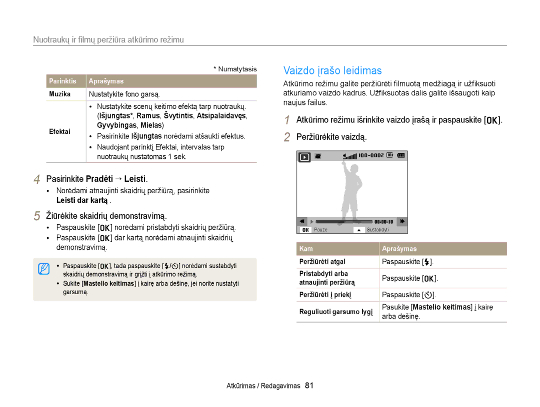 Samsung EC-ST77ZZBPBE2 manual Vaizdo įrašo leidimas, Pasirinkite Pradėti “ Leisti, Žiūrėkite skaidrių demonstravimą 