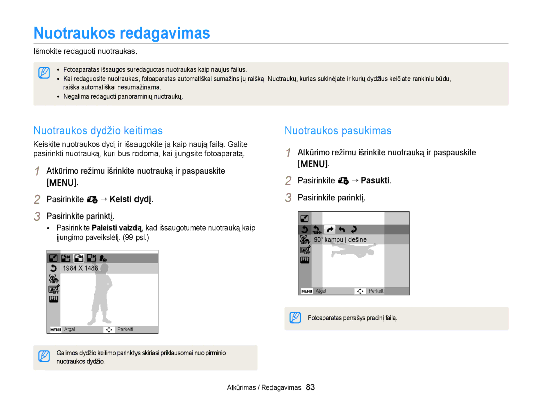 Samsung EC-ST77ZZFPRE2, EC-ST77ZZBPWE2 manual Nuotraukos redagavimas, Nuotraukos dydžio keitimas, Nuotraukos pasukimas 